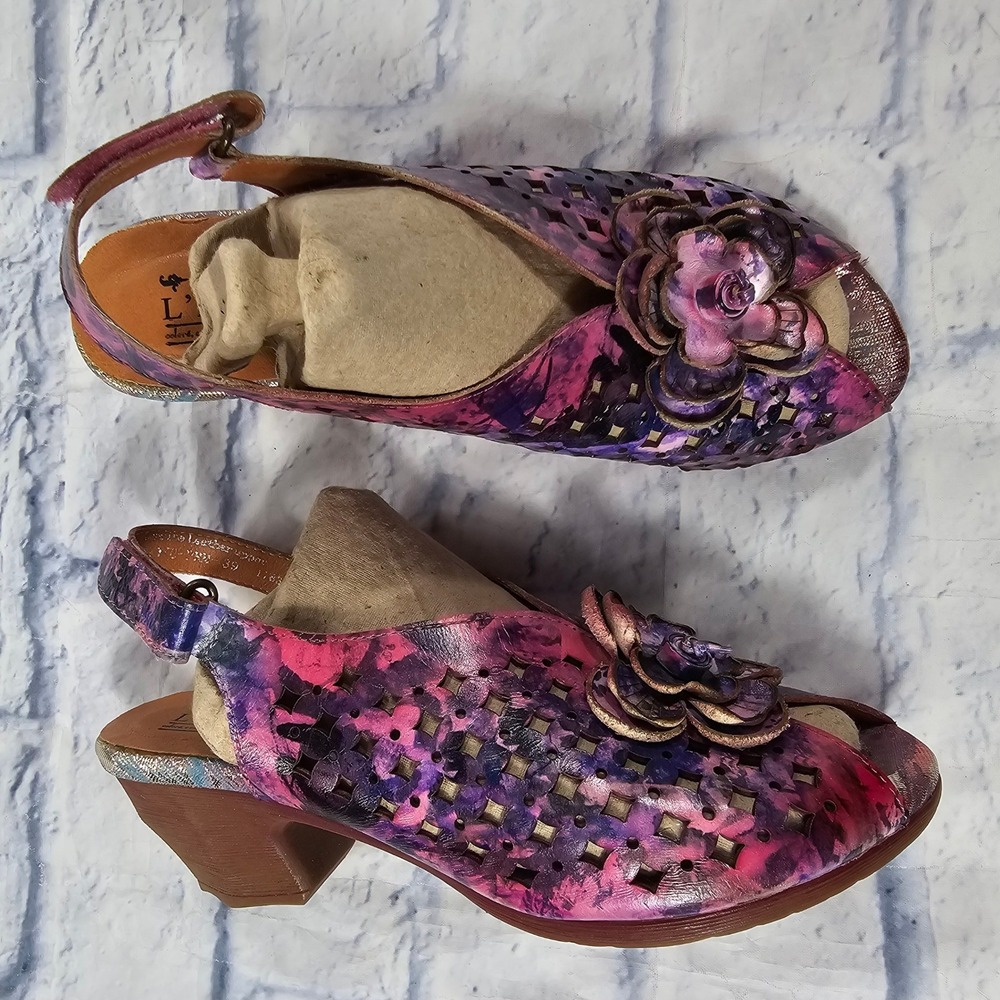 L'Artiste Spring Step Sandals Women 39 8.5 Purple Multi Floral Leather Slingback